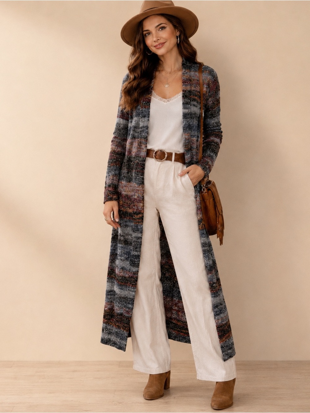 J. Jill Long Duster Cardigan Sweater M Petite Striped Open Front Cotton Blend